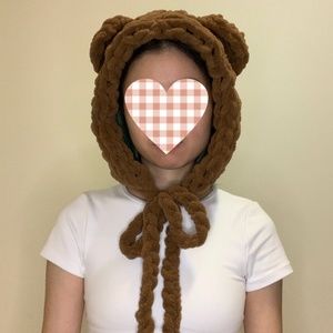 Brown Bear Chunky Chenille Knit Bonnet Hood Ear Warmer Angelcore Softcore Kawaii